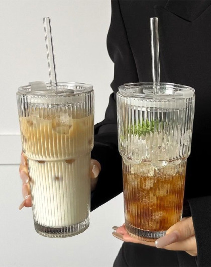 2个装家用杯办公水杯情侣杯吸管杯便携咖啡杯高颜值大竖条纹杯