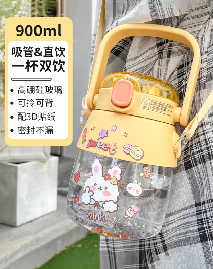 双饮玻璃杯耐热防爆大容量杯子女水杯户外便携玻璃水杯耐高温防爆