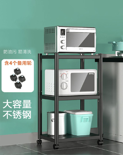 带轮不锈钢三层置物架厨房桌面家用储物柜锅架加厚多功能收纳架子