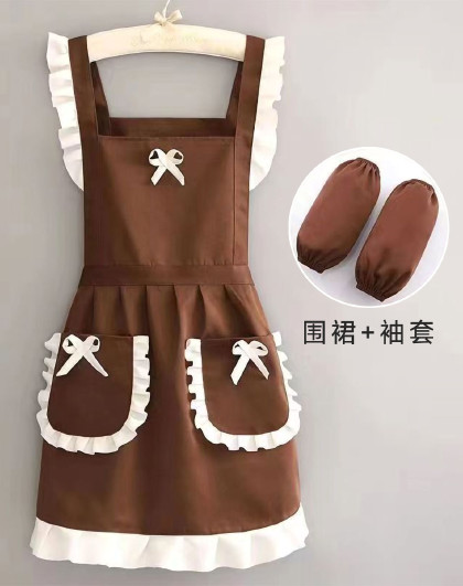 家用围裙工作用透气耐磨围腰花边蝴蝶结防污围裙（配袖套）