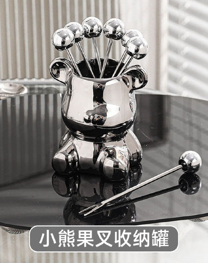 实用高颜值小熊果叉收纳罐套装水果叉子家用可爱创意收纳甜品高级
