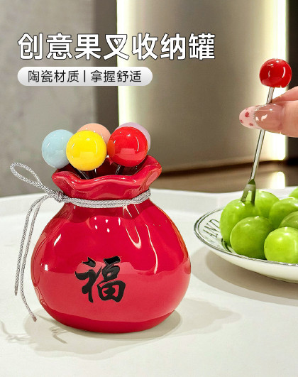 7件套高颜值创意水果叉不锈钢甜品小叉子水果签收纳罐套装摆件