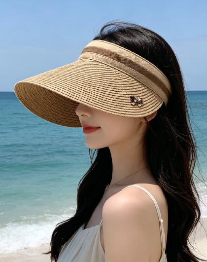 户外发箍出游海边度假草编遮阳帽子沙滩太阳帽空顶帽百搭头饰