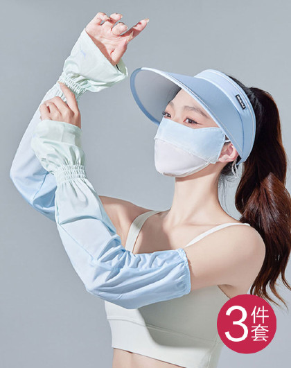 3件套新款夏季立体遮阳凉感透气全脸防晒护眼宽檐遮阳帽口罩袖套