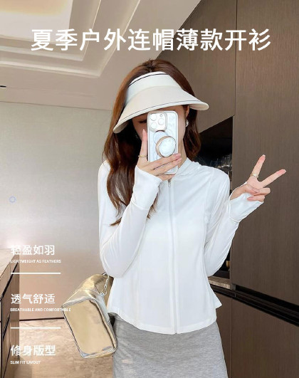 春夏季户外连帽薄款开衫修身连帽骑行女外套长袖百搭收腰透气舒适