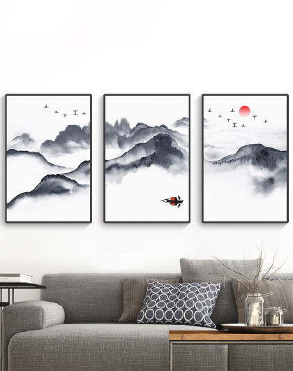三联画现代餐厅墙画禅意山水系列装饰画客厅装饰画中式山水壁画