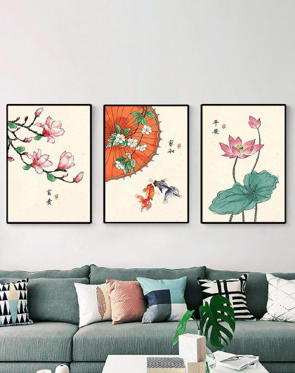 三联画中国风客厅餐厅装饰画荷花国画新中式客厅装饰画高级感壁画