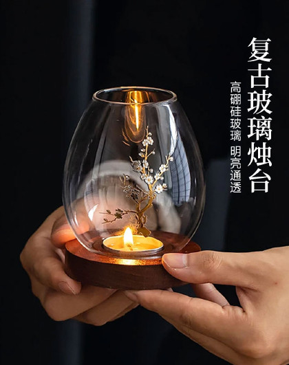 家用防风灯罩中式摆件烛光晚餐玻璃圆形烛台复古玻璃圆形烛台摆件