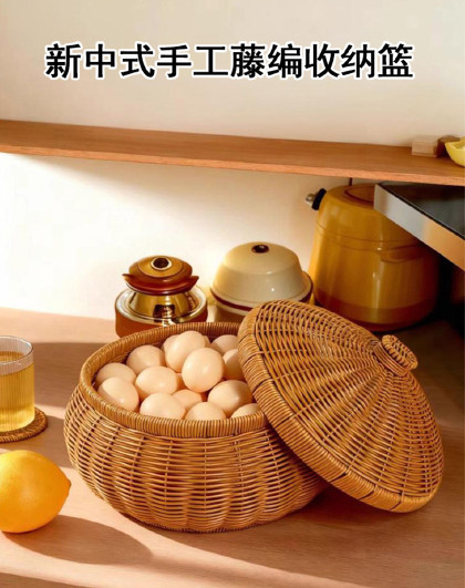 新中式手工藤编收纳篮蔬菜沥水菜篮水果鸡蛋篮圆形编织篮储物篮