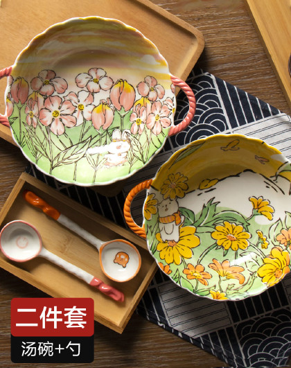 大号面碗家用手绘餐具创意陶瓷配勺汤面盘双耳大汤双耳珠点汤碗