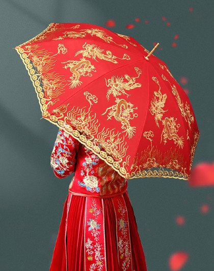 中式复古蕾丝花边刺绣新娘伞婚庆红伞新娘陪嫁婚礼出嫁陪嫁红雨伞