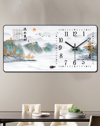 时尚背景墙餐厅长方形轻奢挂钟客厅装饰画时钟挂画晶瓷画挂钟