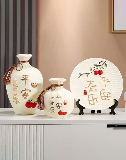 3件套新中式入户玄关鞋柜上的摆件客厅装饰品平安喜乐玄关摆件